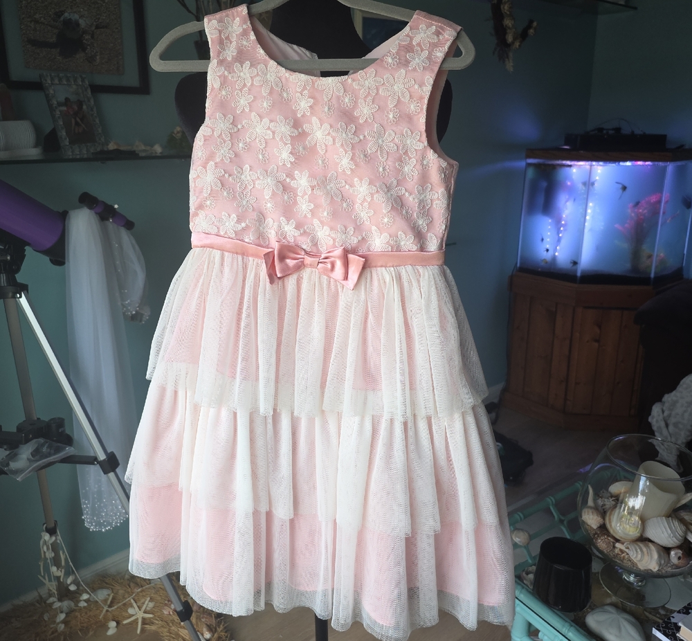 Little Girl's Pink Lace Tiered Tulle Dress with Bow
